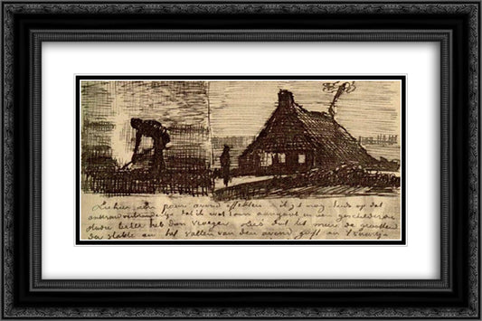 Peasant Burning Weeds, and Farmhouse at Night 24x16 Black Ornate Wood Framed Art Print Poster with Double Matting by Van Gogh, Vincent