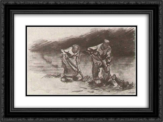 Peasant Man and Woman, Digging 24x18 Black Ornate Wood Framed Art Print Poster with Double Matting by Van Gogh, Vincent