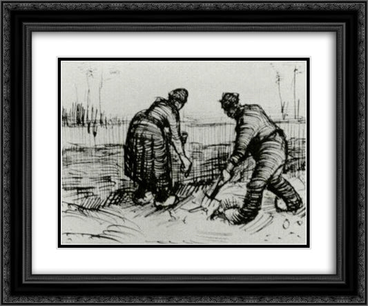 Peasant Man and Woman Planting Potatoes 24x20 Black Ornate Wood Framed Art Print Poster with Double Matting by Van Gogh, Vincent