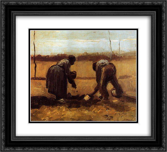 Peasant Man and Woman Planting Potatoes 22x20 Black Ornate Wood Framed Art Print Poster with Double Matting by Van Gogh, Vincent