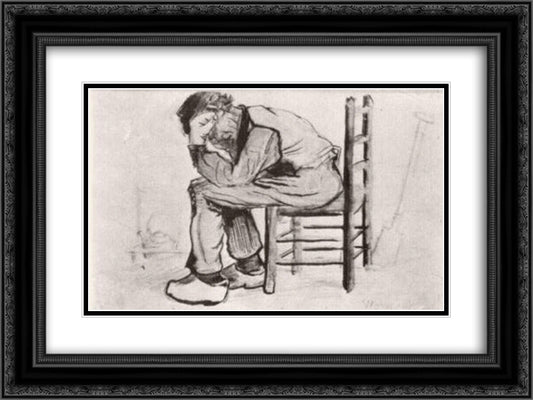 Peasant Sitting by the Fireplace (Worn Out) 24x18 Black Ornate Wood Framed Art Print Poster with Double Matting by Van Gogh, Vincent