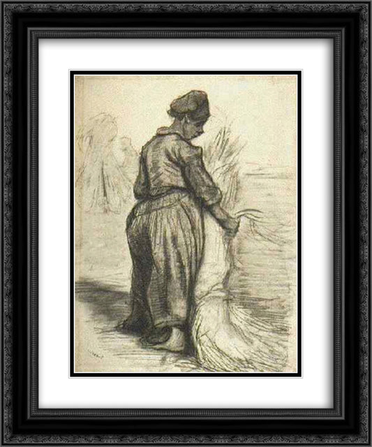 Peasant Woman, Binding a Sheaf of Grain 20x24 Black Ornate Wood Framed Art Print Poster with Double Matting by Van Gogh, Vincent