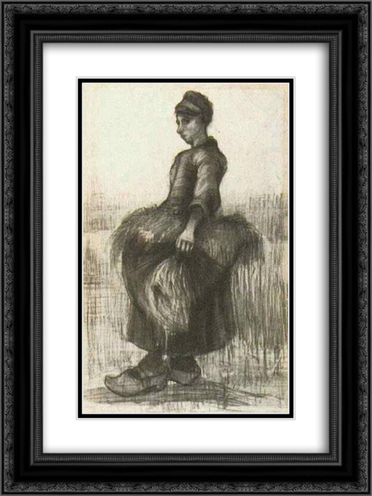 Peasant Woman, Carrying Wheat in Her Apron 18x24 Black Ornate Wood Framed Art Print Poster with Double Matting by Van Gogh, Vincent