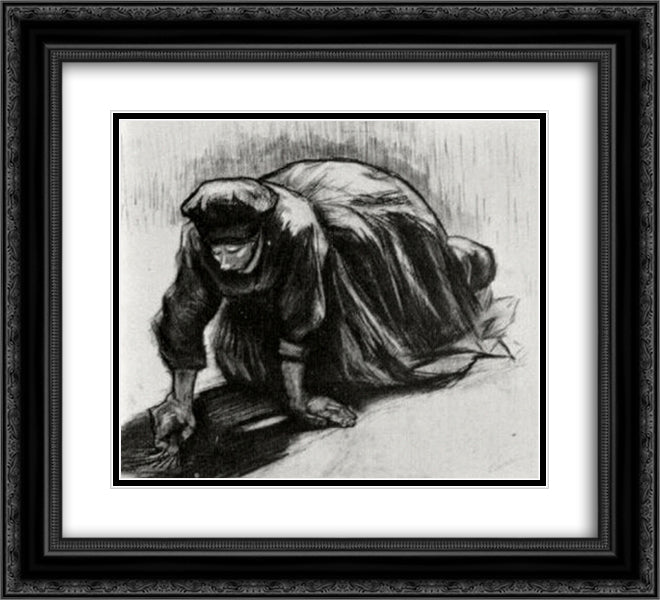 Peasant Woman, Kneeling, Possibly Digging Up Carrots 22x20 Black Ornate Wood Framed Art Print Poster with Double Matting by Van Gogh, Vincent