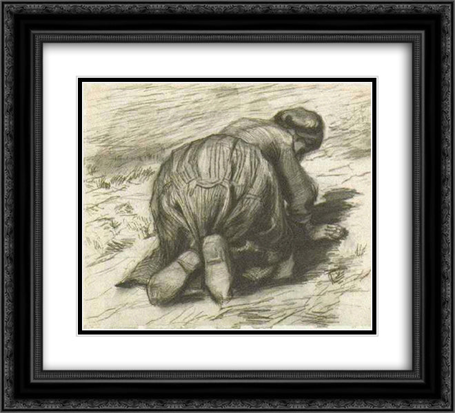 Peasant Woman, Kneeling, Seen from the Back 22x20 Black Ornate Wood Framed Art Print Poster with Double Matting by Van Gogh, Vincent