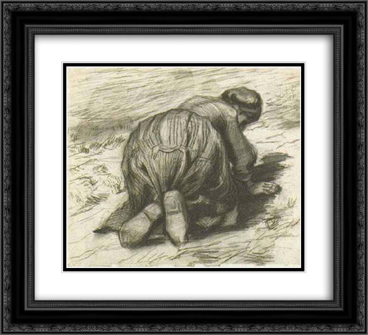 Peasant Woman, Kneeling, Seen from the Back 22x20 Black Ornate Wood Framed Art Print Poster with Double Matting by Van Gogh, Vincent