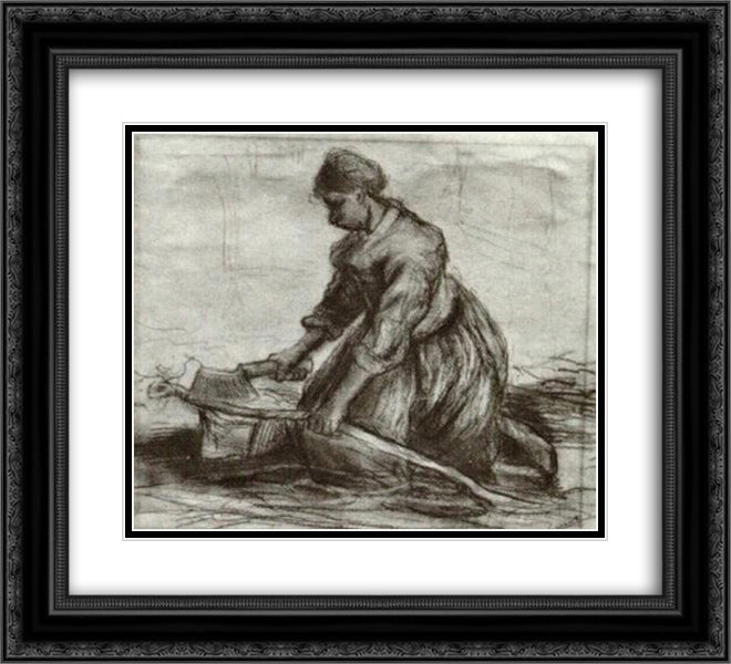 Peasant Woman, Kneeling with Chopper 22x20 Black Ornate Wood Framed Art Print Poster with Double Matting by Van Gogh, Vincent