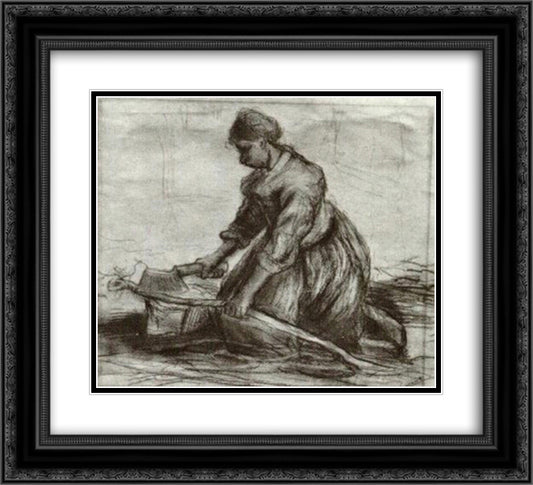 Peasant Woman, Kneeling with Chopper 22x20 Black Ornate Wood Framed Art Print Poster with Double Matting by Van Gogh, Vincent