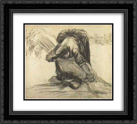 Peasant Woman, Picking Up a Sheaf of Grain 22x20 Black Ornate Wood Framed Art Print Poster with Double Matting by Van Gogh, Vincent