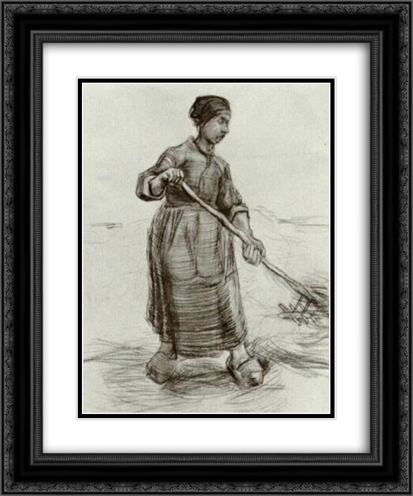 Peasant Woman, Pitching Wheat or Hay 20x24 Black Ornate Wood Framed Art Print Poster with Double Matting by Van Gogh, Vincent