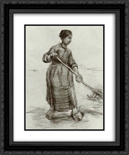 Peasant Woman, Pitching Wheat or Hay 20x24 Black Ornate Wood Framed Art Print Poster with Double Matting by Van Gogh, Vincent