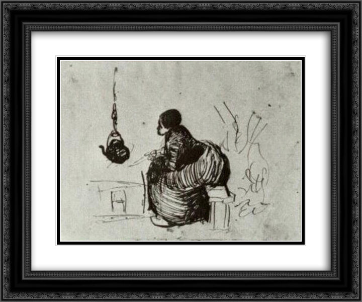 Peasant Woman, Sitting by the Fire 24x20 Black Ornate Wood Framed Art Print Poster with Double Matting by Van Gogh, Vincent