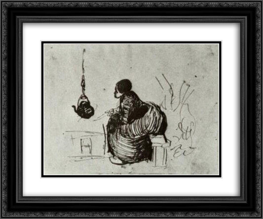 Peasant Woman, Sitting by the Fire 24x20 Black Ornate Wood Framed Art Print Poster with Double Matting by Van Gogh, Vincent