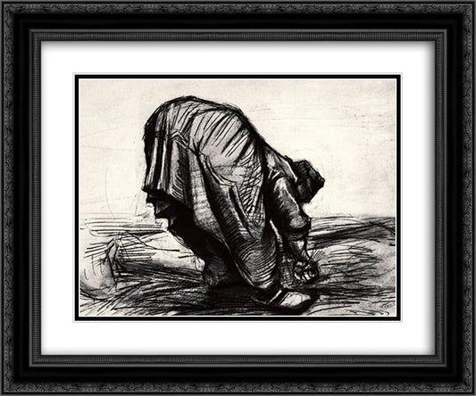 Peasant Woman, Stooping, Seen from the Back 24x20 Black Ornate Wood Framed Art Print Poster with Double Matting by Van Gogh, Vincent