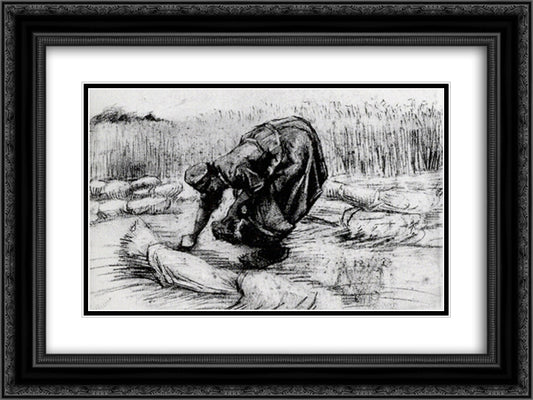 Peasant Woman, Stooping between Sheaves of Grain 24x18 Black Ornate Wood Framed Art Print Poster with Double Matting by Van Gogh, Vincent