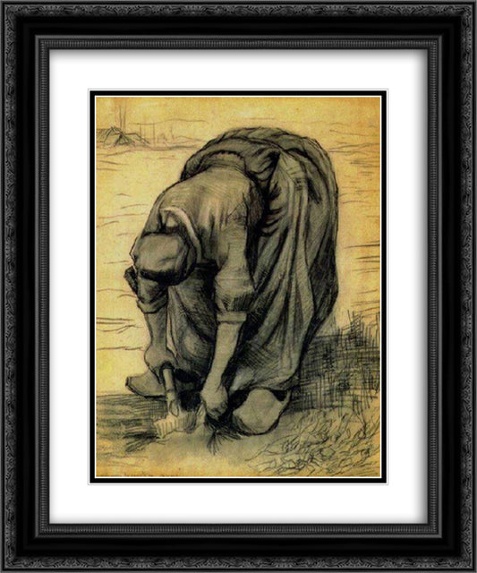 Peasant Woman, Stooping with a Spade, Digging Up Carrots 20x24 Black Ornate Wood Framed Art Print Poster with Double Matting by Van Gogh, Vincent