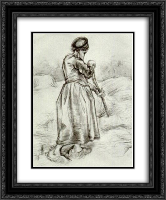 Peasant Woman, Tossing Hay, Seen from the Back 20x24 Black Ornate Wood Framed Art Print Poster with Double Matting by Van Gogh, Vincent