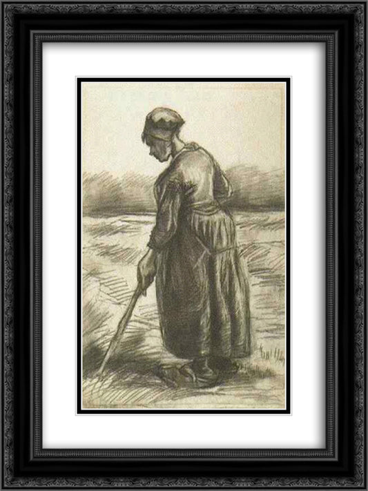 Peasant Woman, Working with a Long Stick 18x24 Black Ornate Wood Framed Art Print Poster with Double Matting by Van Gogh, Vincent