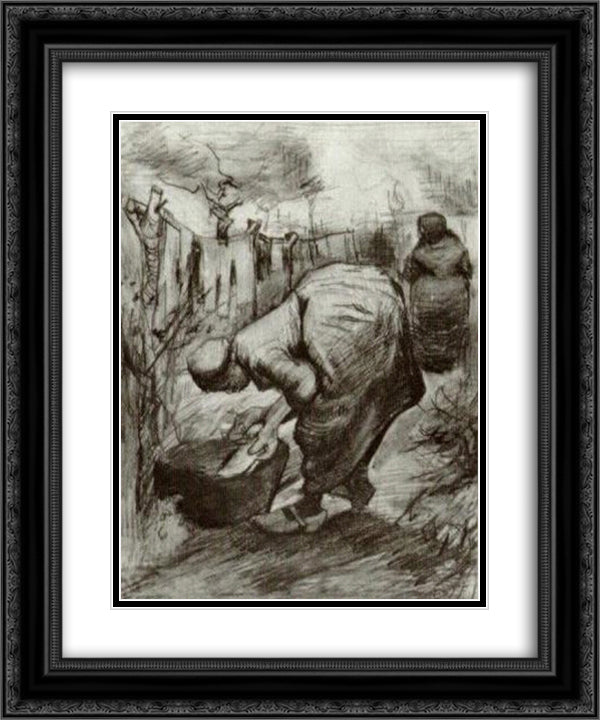 Peasant Woman at the Washtub and Peasant Woman Hanging Up the Laundry 20x24 Black Ornate Wood Framed Art Print Poster with Double Matting by Van Gogh, Vincent