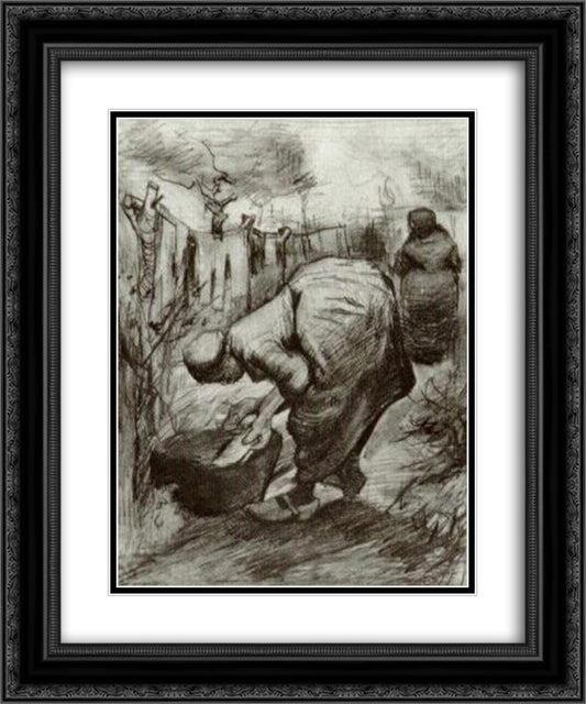 Peasant Woman at the Washtub and Peasant Woman Hanging Up the Laundry 20x24 Black Ornate Wood Framed Art Print Poster with Double Matting by Van Gogh, Vincent