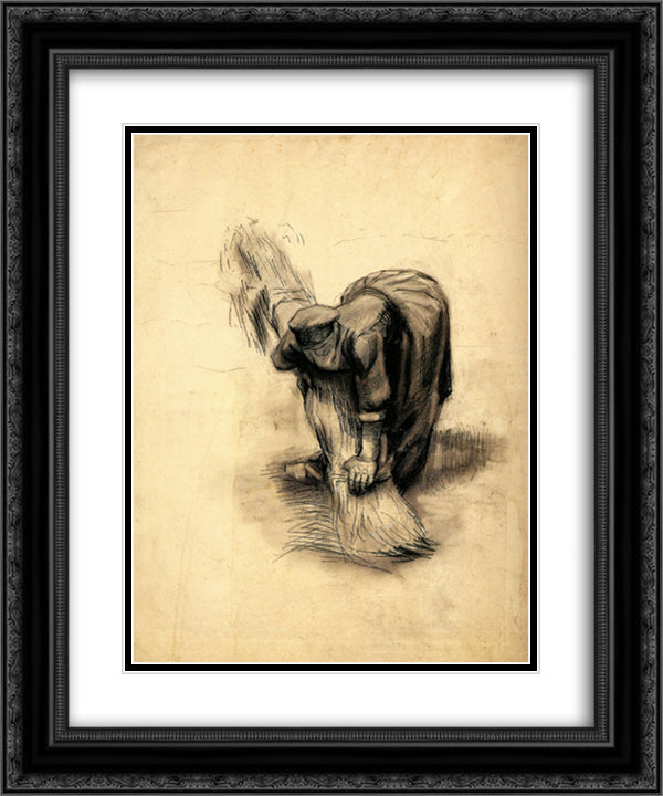 Peasant Woman Binding Sheaves 20x24 Black Ornate Wood Framed Art Print Poster with Double Matting by Van Gogh, Vincent