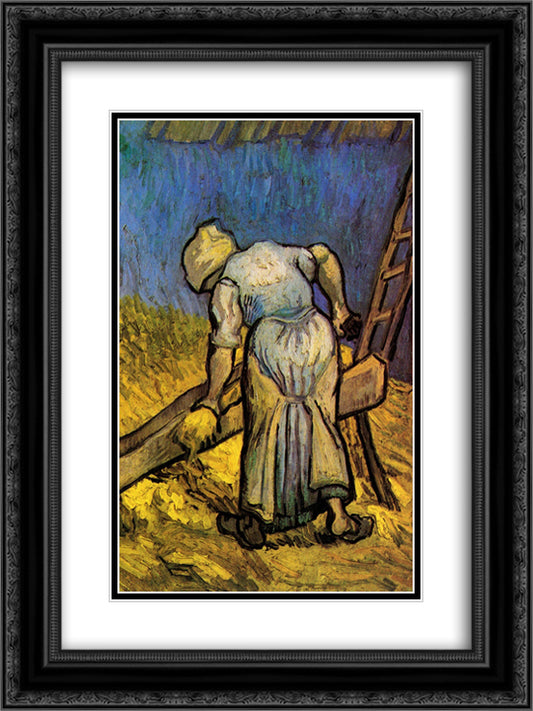 Peasant Woman Cutting Straw after Millet 18x24 Black Ornate Wood Framed Art Print Poster with Double Matting by Van Gogh, Vincent