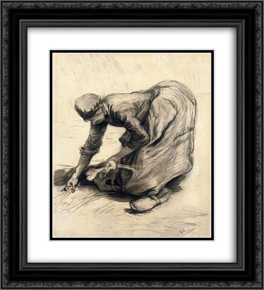 Peasant Woman Gleaning 20x22 Black Ornate Wood Framed Art Print Poster with Double Matting by Van Gogh, Vincent