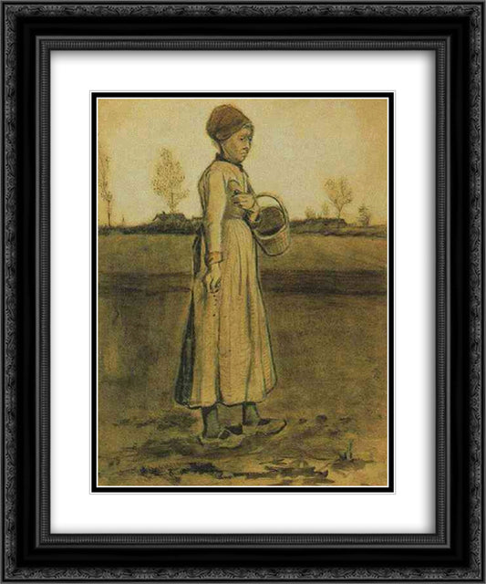 Peasant Woman Sowing with a Basket 20x24 Black Ornate Wood Framed Art Print Poster with Double Matting by Van Gogh, Vincent