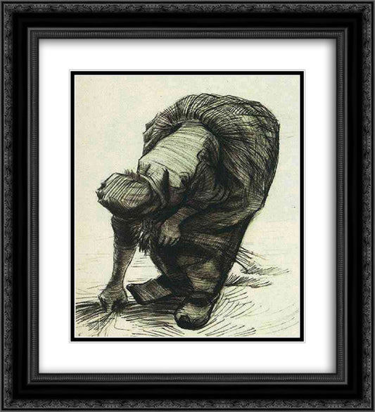 Peasant Woman Stooping and Gleaning 20x22 Black Ornate Wood Framed Art Print Poster with Double Matting by Van Gogh, Vincent