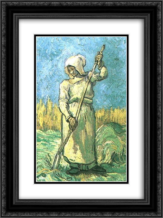 Peasant Woman with a Rake after Millet 18x24 Black Ornate Wood Framed Art Print Poster with Double Matting by Van Gogh, Vincent