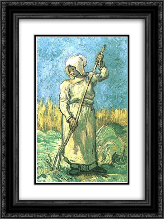Peasant Woman with a Rake after Millet 18x24 Black Ornate Wood Framed Art Print Poster with Double Matting by Van Gogh, Vincent