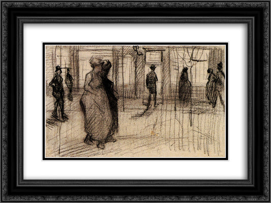People Walking on a Street in the Evening 24x18 Black Ornate Wood Framed Art Print Poster with Double Matting by Van Gogh, Vincent