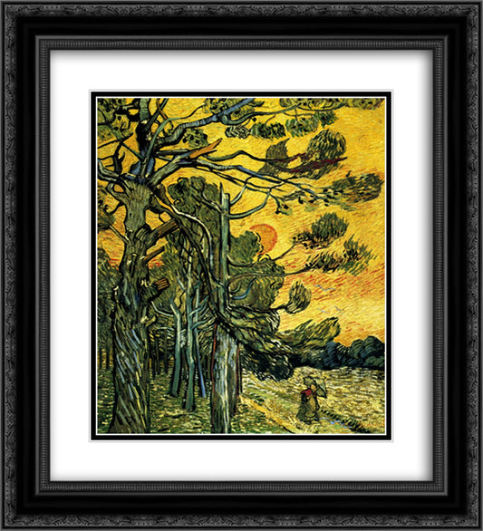 Pine Trees against a Red Sky with Setting Sun 20x22 Black Ornate Wood Framed Art Print Poster with Double Matting by Van Gogh, Vincent