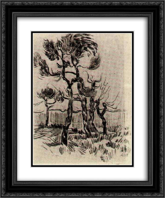 Pine Trees in Front of the Wall of the Asylum 4 20x24 Black Ornate Wood Framed Art Print Poster with Double Matting by Van Gogh, Vincent