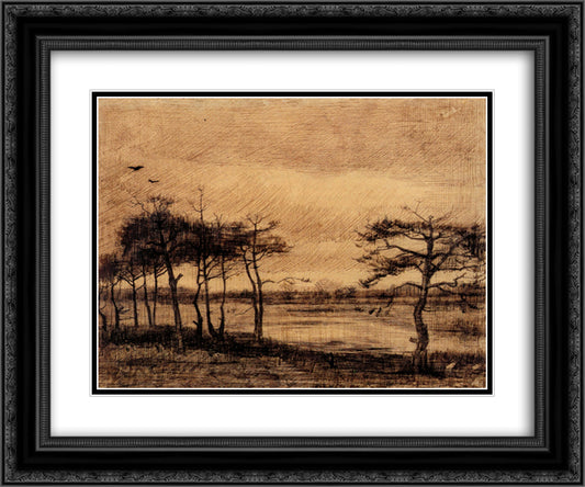 Pine Trees in the Fen 24x20 Black Ornate Wood Framed Art Print Poster with Double Matting by Van Gogh, Vincent
