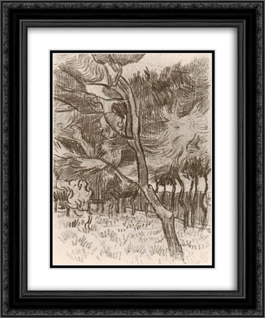 Pine Trees in the Garden of the Asylum 20x24 Black Ornate Wood Framed Art Print Poster with Double Matting by Van Gogh, Vincent