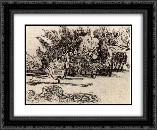 Pine Trees near the Wall of the Asylum 24x20 Black Ornate Wood Framed Art Print Poster with Double Matting by Van Gogh, Vincent
