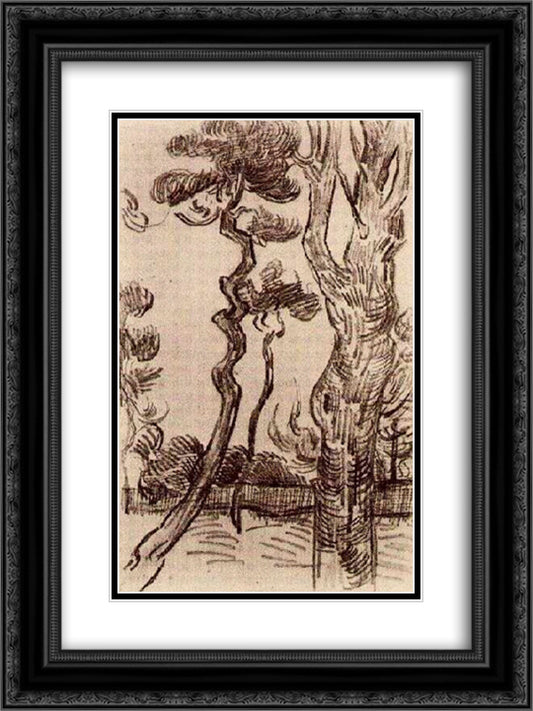 Pine Trees Seen against the Wall of the Asylum 18x24 Black Ornate Wood Framed Art Print Poster with Double Matting by Van Gogh, Vincent