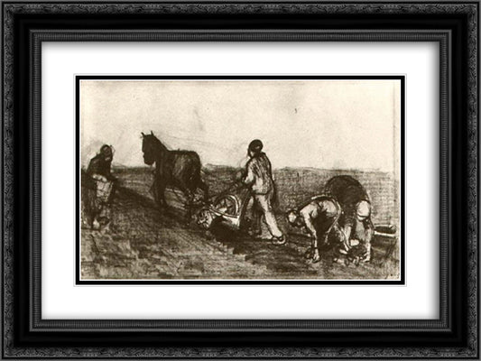 Ploughman and Three Women 24x18 Black Ornate Wood Framed Art Print Poster with Double Matting by Van Gogh, Vincent