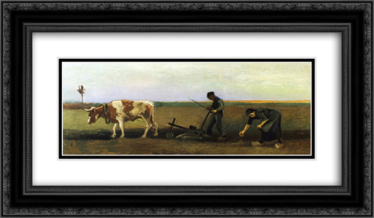 Ploughman with Woman Planting Potatoes 24x14 Black Ornate Wood Framed Art Print Poster with Double Matting by Van Gogh, Vincent
