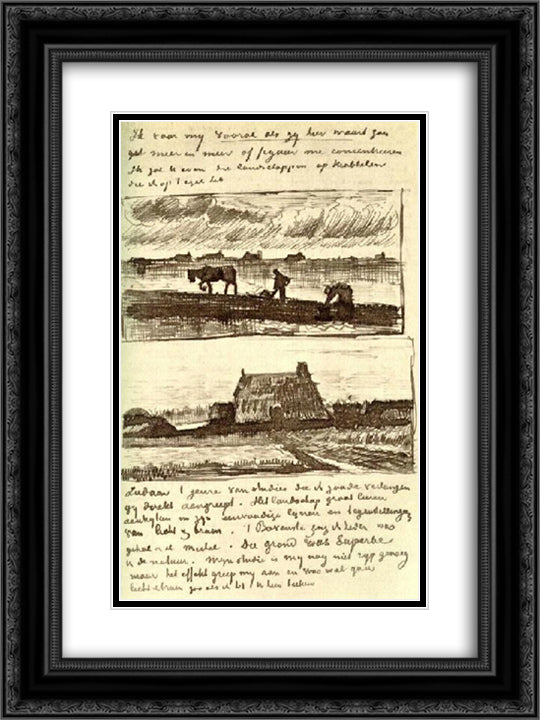 Plowman with Stooping Woman, and a Little Farmhouse with Piles of Peat 18x24 Black Ornate Wood Framed Art Print Poster with Double Matting by Van Gogh, Vincent