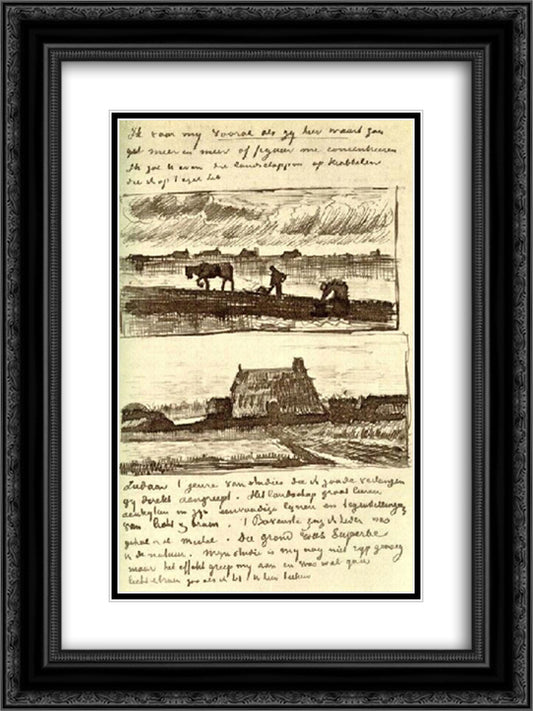 Plowman with Stooping Woman, and a Little Farmhouse with Piles of Peat 18x24 Black Ornate Wood Framed Art Print Poster with Double Matting by Van Gogh, Vincent