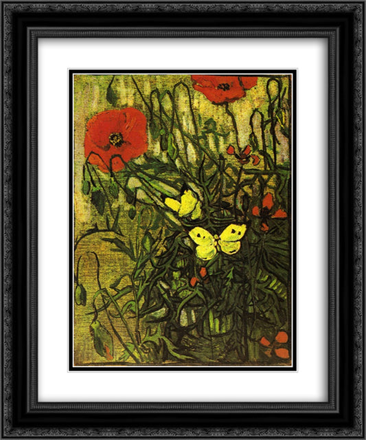 Poppies and Butterflies 20x24 Black Ornate Wood Framed Art Print Poster with Double Matting by Van Gogh, Vincent