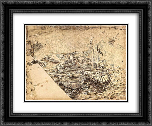 Quay with Men Unloading Sand Barges 24x20 Black Ornate Wood Framed Art Print Poster with Double Matting by Van Gogh, Vincent
