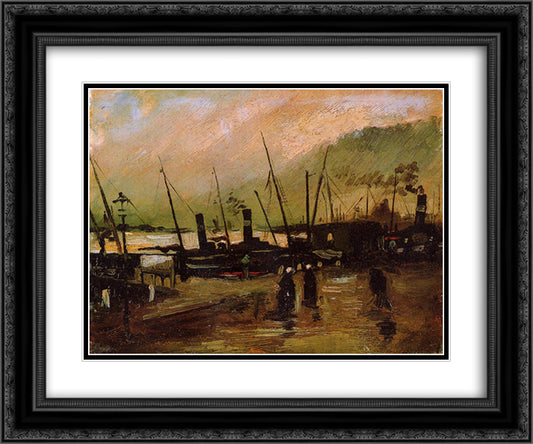 Quayside with Ships in Antwerp 24x20 Black Ornate Wood Framed Art Print Poster with Double Matting by Van Gogh, Vincent
