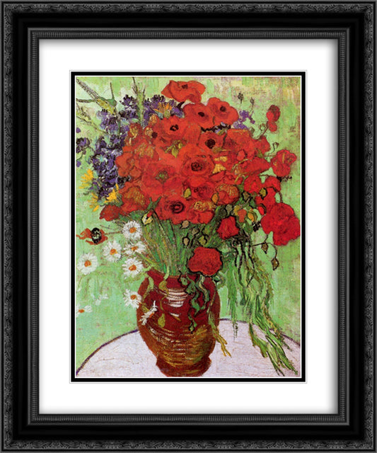 Red Poppies and Daisies 20x24 Black Ornate Wood Framed Art Print Poster with Double Matting by Van Gogh, Vincent