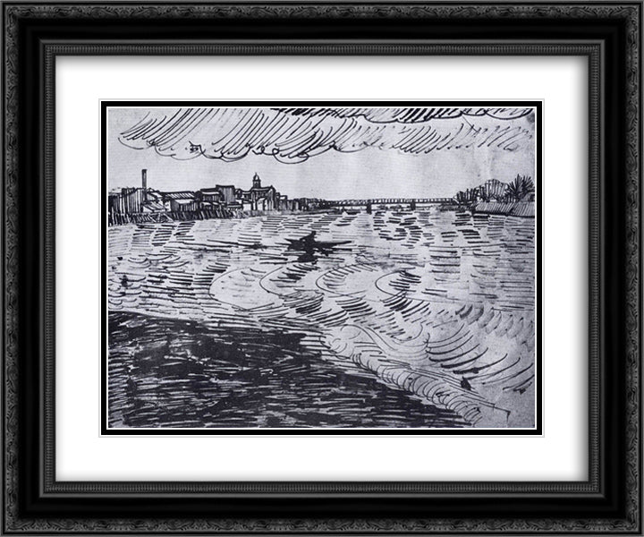 Rhone with Boats and a Bridge 24x20 Black Ornate Wood Framed Art Print Poster with Double Matting by Van Gogh, Vincent