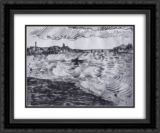 Rhone with Boats and a Bridge 24x20 Black Ornate Wood Framed Art Print Poster with Double Matting by Van Gogh, Vincent
