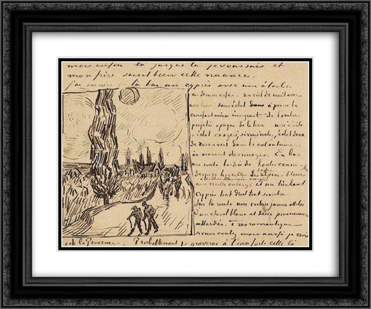 Road with Men Walking, Carriage, Cypress, Star, and Crescent Moon 24x20 Black Ornate Wood Framed Art Print Poster with Double Matting by Van Gogh, Vincent