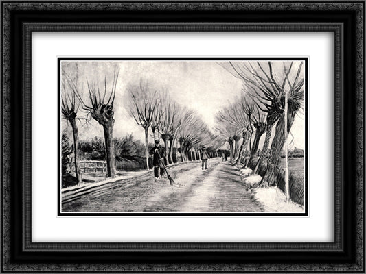 Road with Pollard Willows and Man with Broom 24x18 Black Ornate Wood Framed Art Print Poster with Double Matting by Van Gogh, Vincent